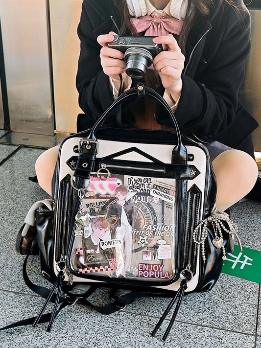 Black & White Large Capacity Daily Ita Backpack With Cute Puppy Print