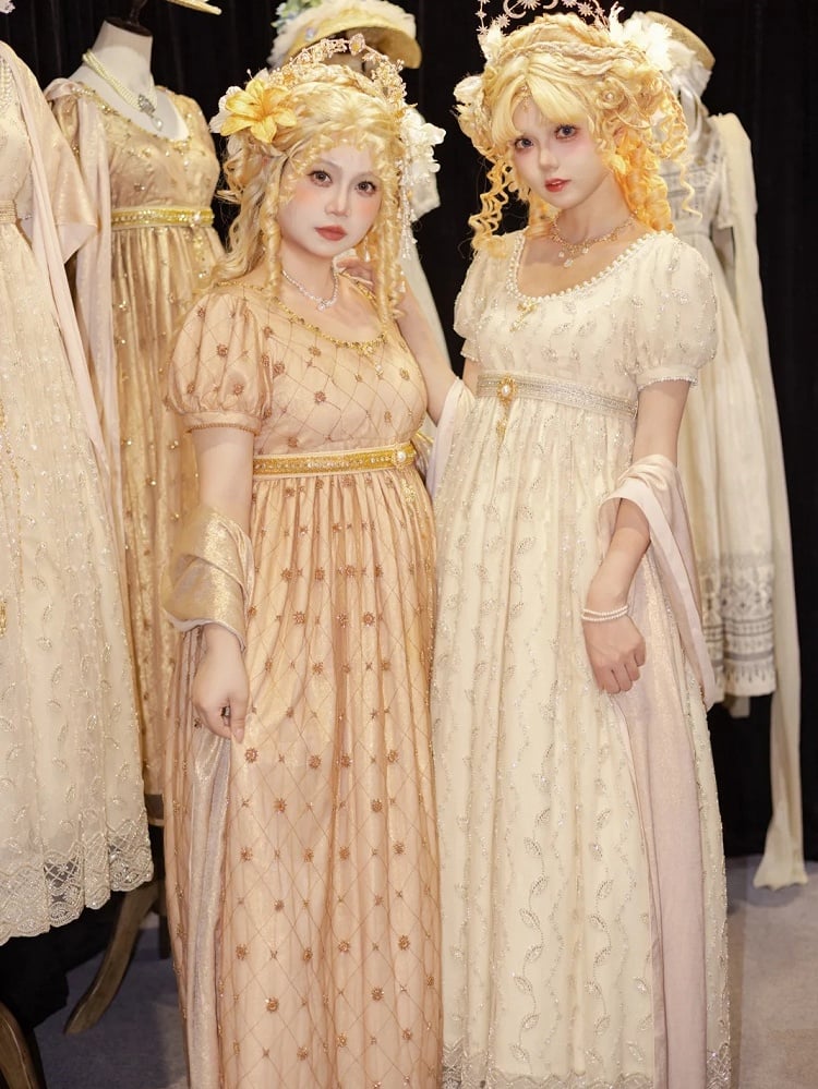 Allover Beaded Leaves Design Beige Empire Waist Elegant Lolita One Piece Long/Short Version