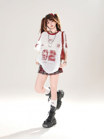 White Round Neck Number Print Hollow-out T-shirt