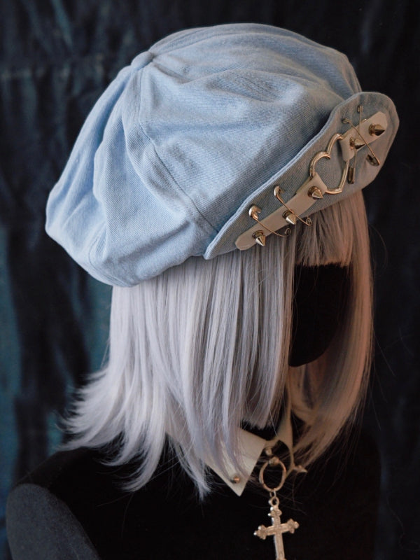 Handmade Light Blue Studs and Pins Denim Beret