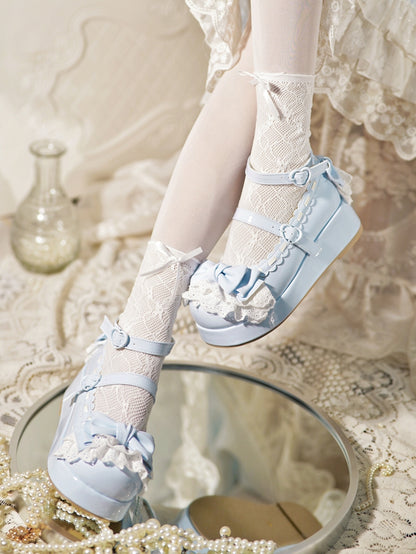 Baby Blue Bow at Top Lace Trim Heart Buckles Platforms