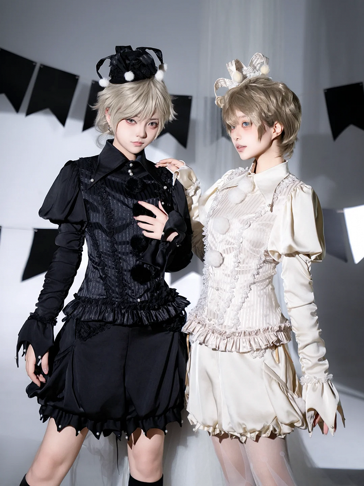 Circus Clown Vibes Ouji Lolita Outfit - Apricot Pointed Collar Shirt + Bloomer Shorts + Garters