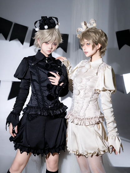 Circus Clown Vibes Ouji Lolita Outfit - Apricot Pointed Collar Shirt + Bloomer Shorts + Garters