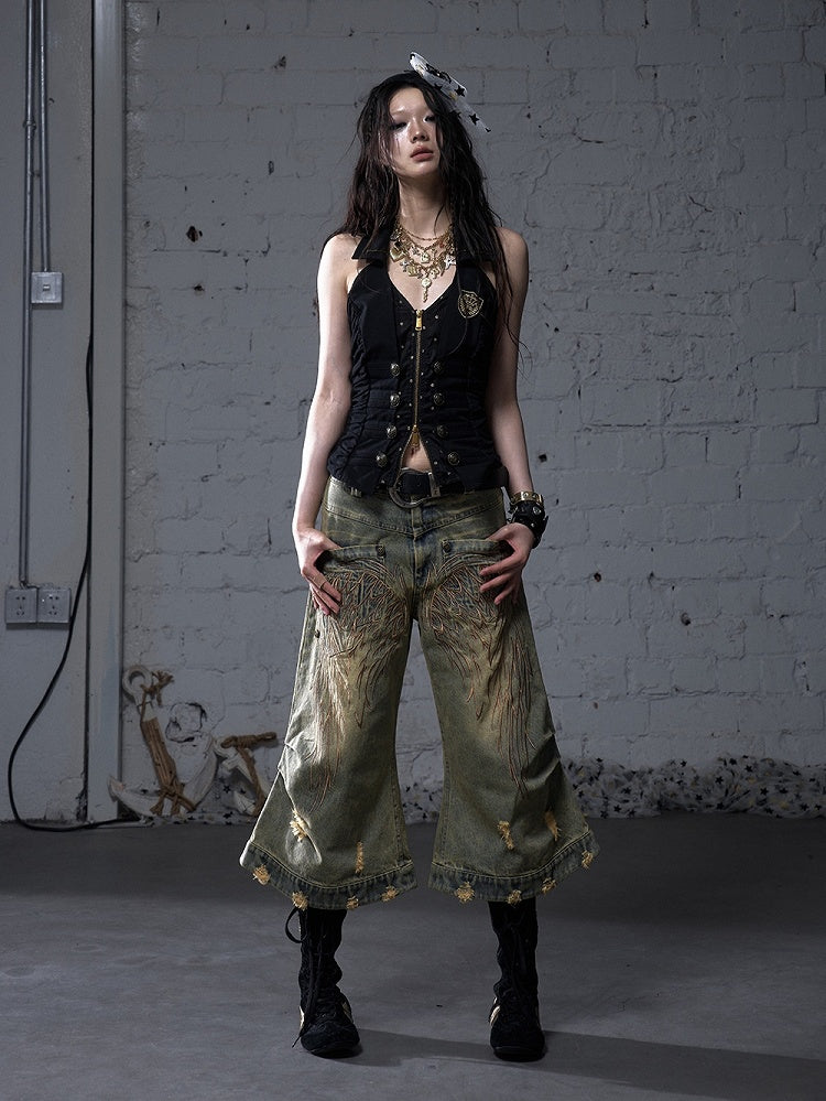 Blue/Yellow Faded Wash Distressed Holes Angel Wing Embroidery Vintage Punk Wide-leg Jeans