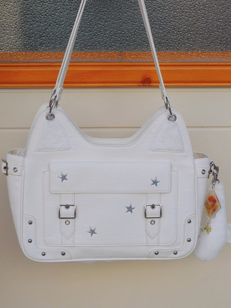 White Kitty Design Ita Shoulder Bag with Free Flush Charm