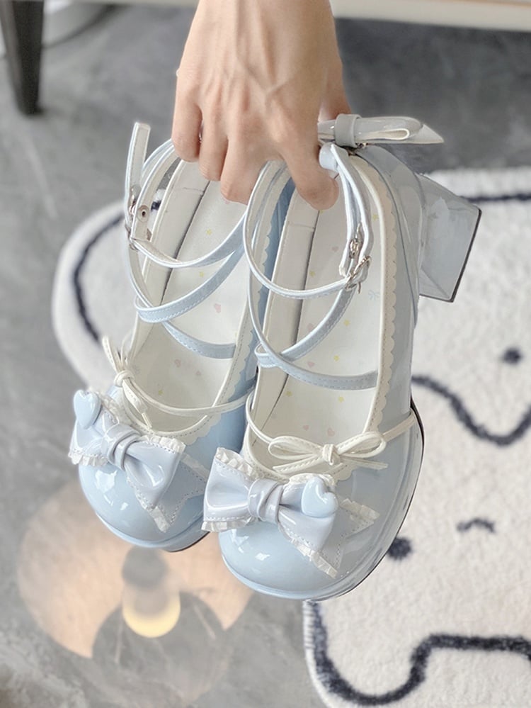 7CM Light Blue Bow at Top Crisscross Design Sweet Lolita Platform High Block Heels