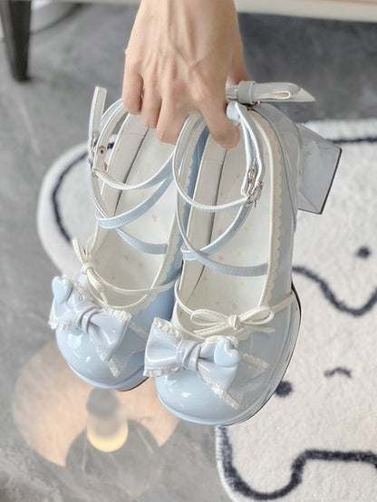 7CM Light Blue Bow at Top Crisscross Design Sweet Lolita Platform High Block Heels