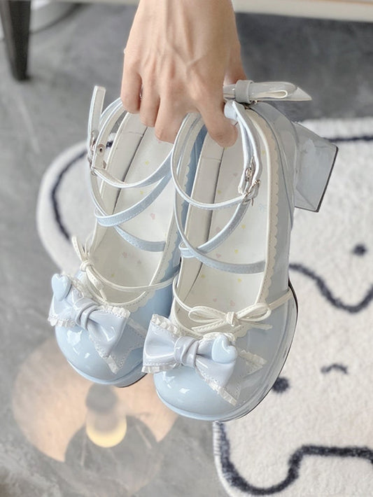 7CM Light Blue Bow at Top Crisscross Design Sweet Lolita Platform High Block Heels