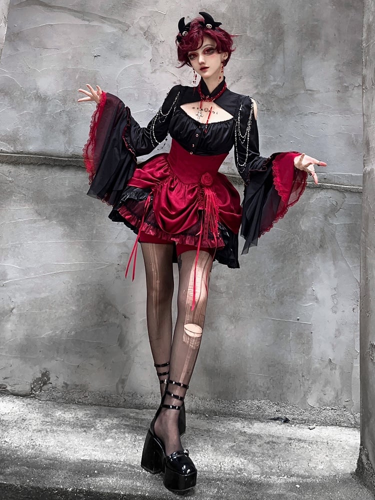 Clearance-Size S for Waist 66CM Boned High Waist Red and Black Gothic Lolita Drawstring High-low Skirt