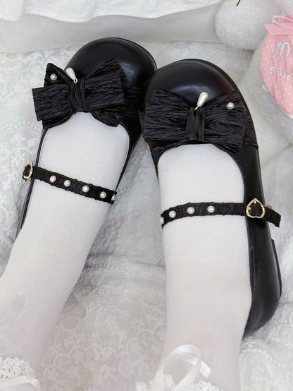 Matte Black Beaded Decorated Bow at Top Heart Buckle Round Toe Lolita Shoes