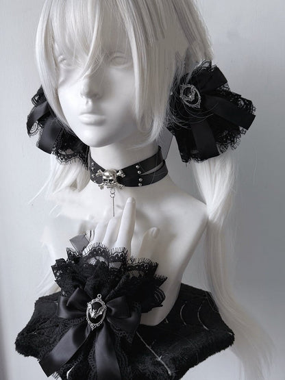 Jirai Kei Black Bowknot Bat Accent Black Lace Wrist Cuffs