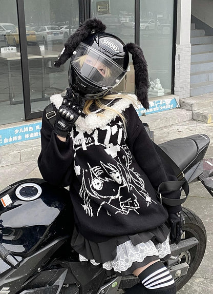 Black Jira Kei Sweater with Detachable Sailor Collar and Cartoon Girl Design