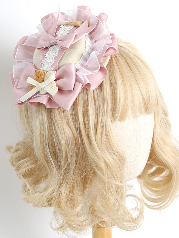 Gorgeous Lolita Pink Bowknot Mini Hat with Bear Decoration