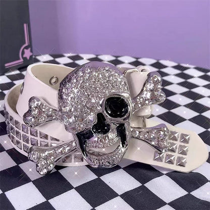 Black/White Rhinestoned Skeleton Design Stud Detail Punk Waist Belt