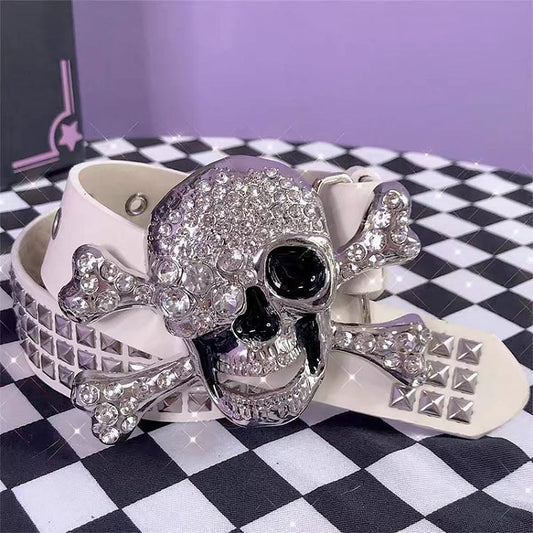 Black/White Rhinestoned Skeleton Design Stud Detail Punk Waist Belt
