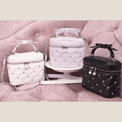 Pink/White/Black Jirai Kei Quilted Crossbody/Handbag with Rhinestone Decor