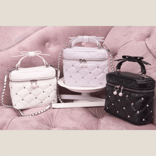 Pink/White/Black Jirai Kei Quilted Crossbody/Handbag with Rhinestone Decor