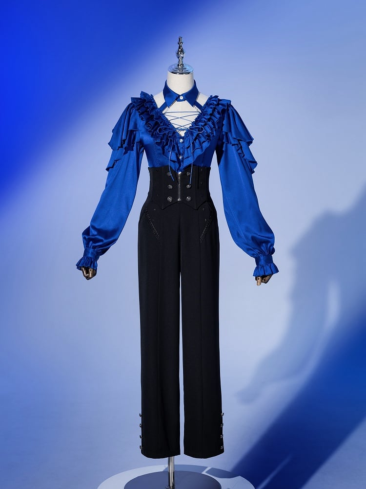 Deep Sea Blue Layered Ruffles V-neck Long Sleeves Shirt with Detachable Bead Chain Cutout Back