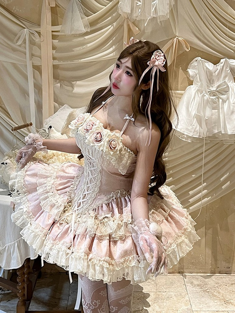 Pink Rose-Embellished Basque Waist Balletcore Dress with Ruffled Layers