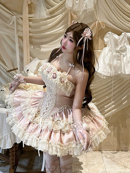 Pink Rose-Embellished Basque Waist Balletcore Dress with Ruffled Layers