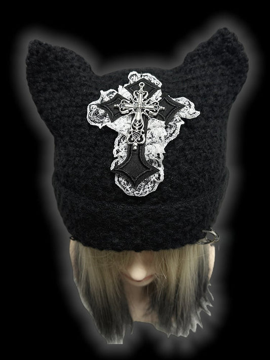 Punk Black Cat Ears Design Cross Patch Knit Hat