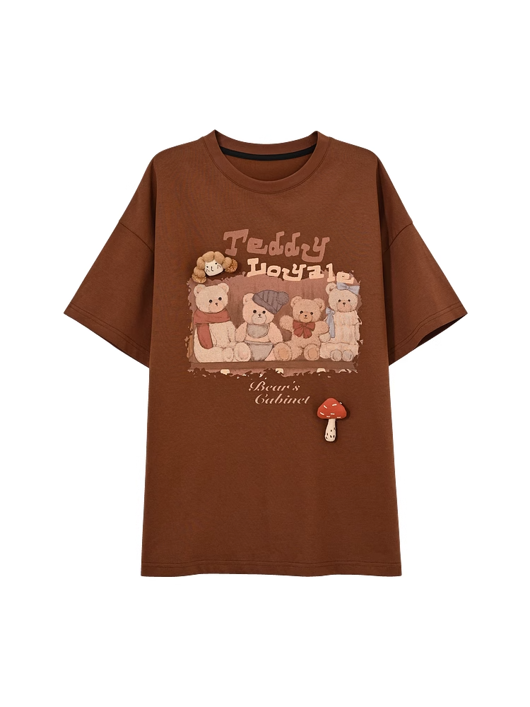 Adorable Teddy Bear Print Brown Round Neck Loose T-shirt with Mushroom Plushie