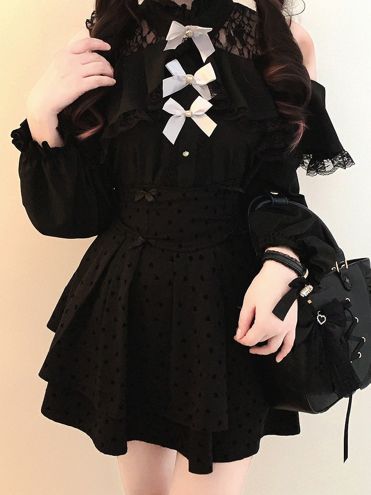 Black/White Jirai Kei Illusion Neckline Blouse with Cut-Out Shoulder with Bow Decor