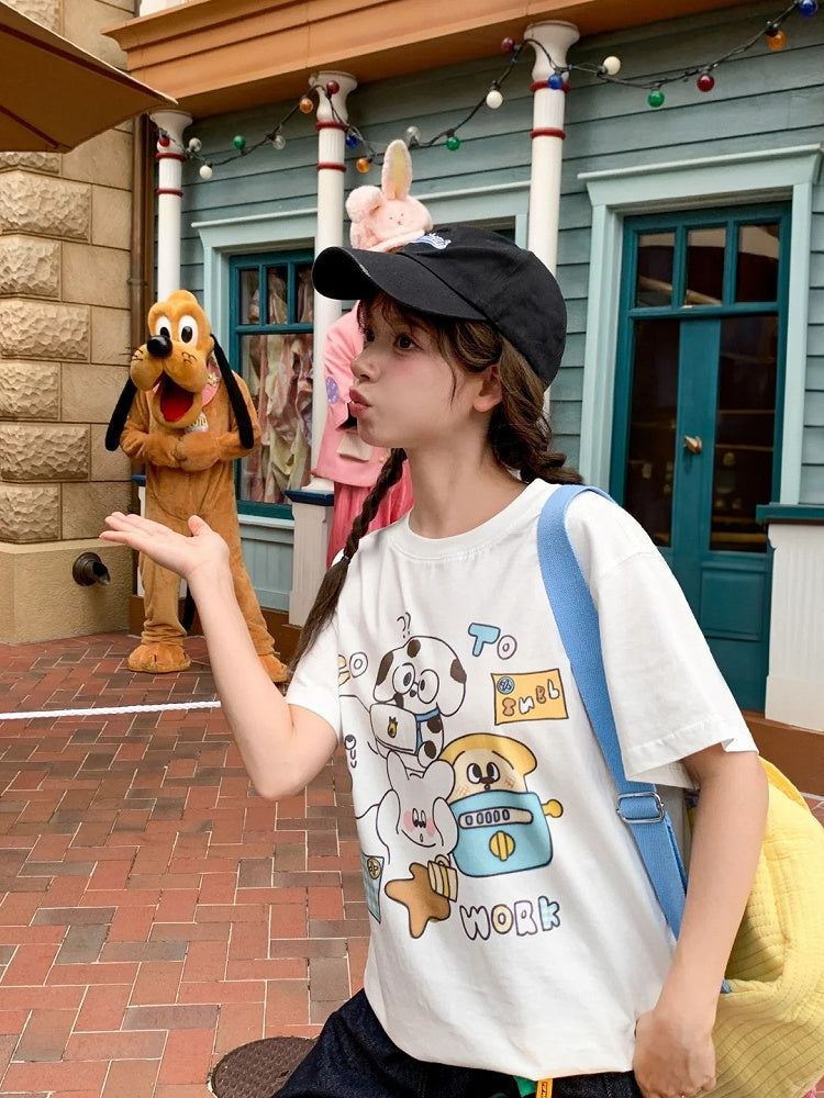 Adorable Animal Print White Round Neck Loose Cotton T-shirt