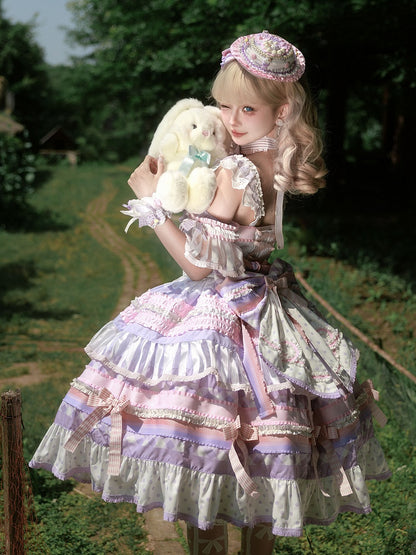 Purple Taro Paste Cake Bow Accents Tiered Skirt Sweet Lolita Dress