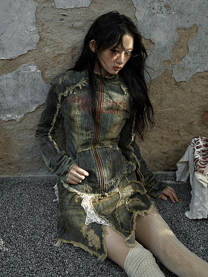 Blue Cross Patch Rock Punk Distressed Denim Jacket with Zip Cuffs