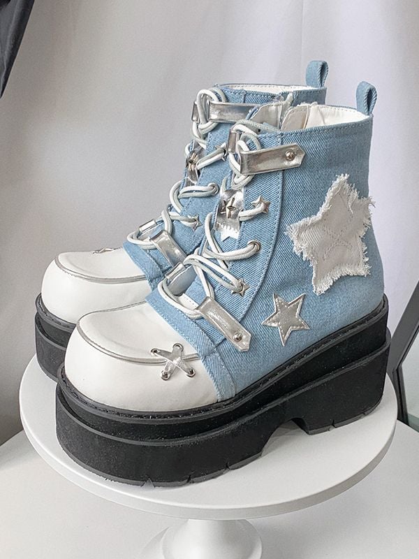Star Appliques Punk Blue Denim Platform Ankle Boots