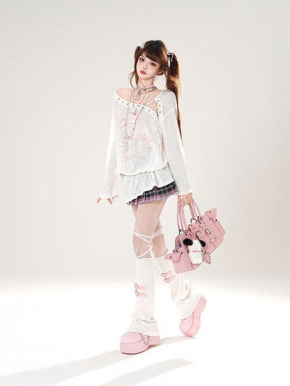 Lace-up Asymmetrical Neckline Blue/White Semi-sheer Coverup