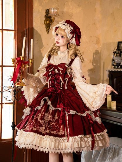 Bows Decoration Candle Embroidery Red Velvet Dress Lolita JSK / Set