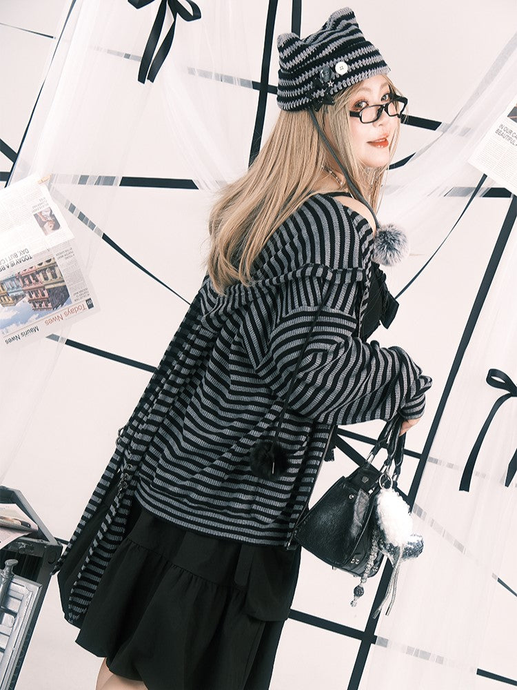 Plus Size Black & Gray Stripes Bunny Hoodie Jacket with Pompon Drawstrings