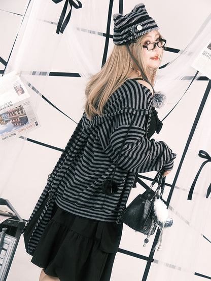 Plus Size Black & Gray Stripes Bunny Hoodie Jacket with Pompon Drawstrings