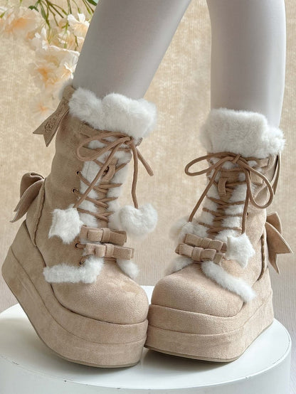 Light Brown Sweet Lolita Platform Boots with Cozy Fleece Lining, Lace-up Closure & Bow Details