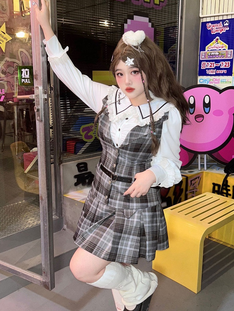 Plus Size - White Long Sleeves Shirt / Gray Plaid Dress Box Pleat Skirt