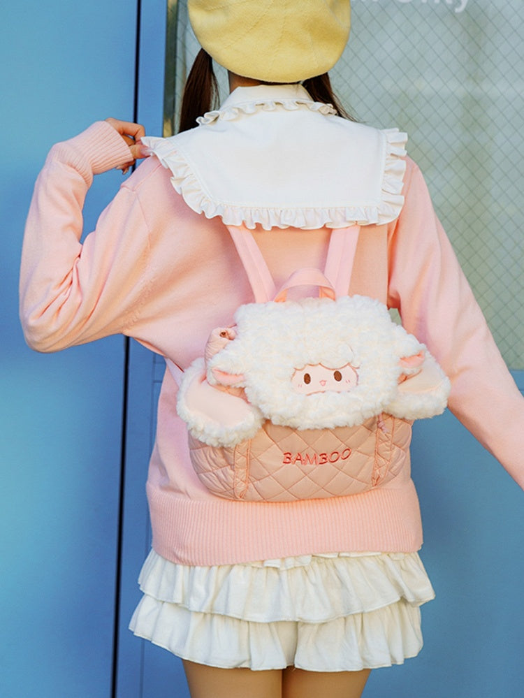 White&Pink Letter Embroidery Diamond Pattern Plush Lamb Flap Backpack
