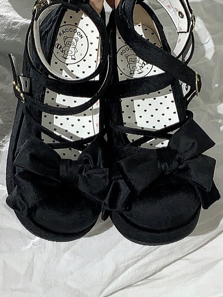 Bow Accents, Crisscross Details & Adorable Buckle Velvet Black Platform Shoes in Sweet Lolita