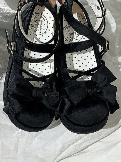 Bow Accents, Crisscross Details & Adorable Buckle Velvet Black Platform Shoes in Sweet Lolita