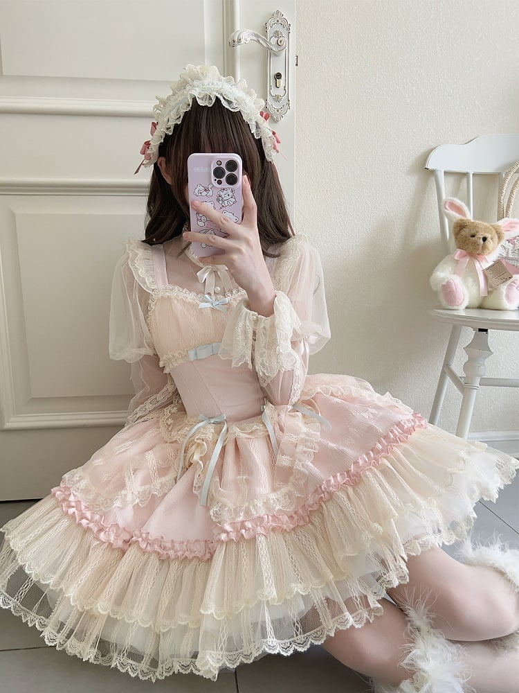 Pink Balletcore Small Bows Fabric Short Dress Lolita Jumper Skirt