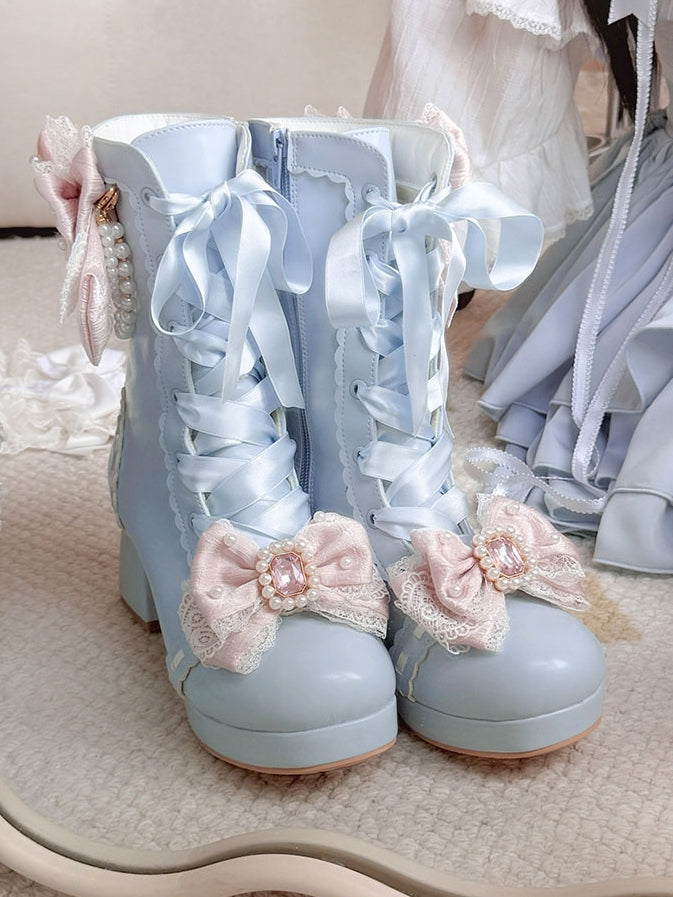 Sweet Lolita Blue Boots in PU - Rhinestone Bead Accents Pink Bowknot Details & Dual Closure System