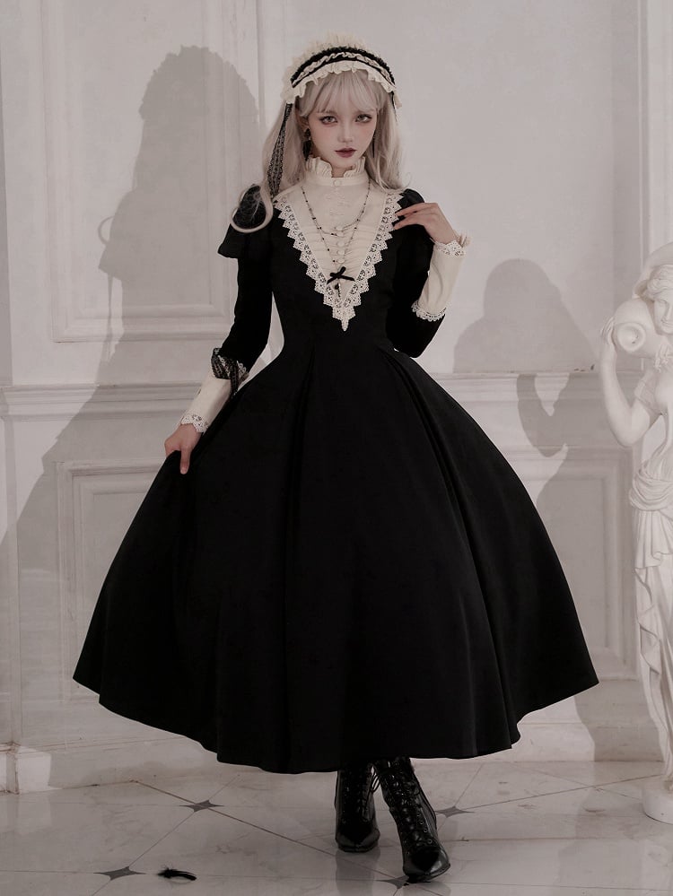 Clearance-Size S for Bust 84CM Elegant Black and Beige Ruffle Banded Collar Gothic Nun Lolita Dress Long Version
