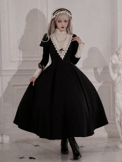 Clearance-Size S for Bust 84CM Elegant Black and Beige Ruffle Banded Collar Gothic Nun Lolita Dress Long Version