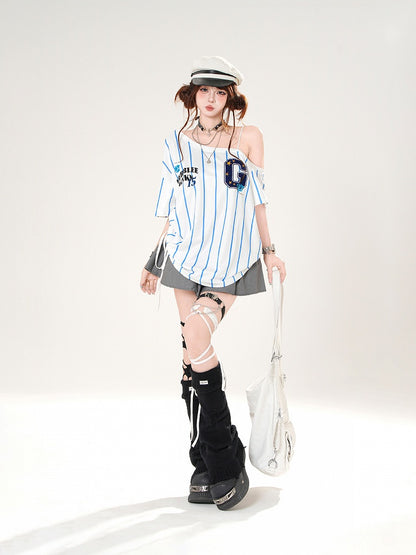 Asymmetrical Neckline Blokette Core White/Black Striped T-shirt