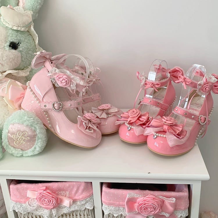 Classic Rose Red Wedge Heels - Interchangeable Rose Decor, Beaded Heart Buckles & Bow Accents