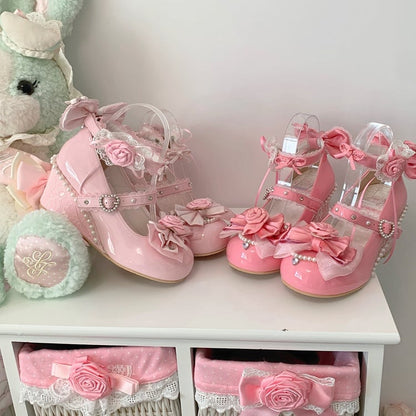 Classic Rose Red Wedge Heels - Interchangeable Rose Decor, Beaded Heart Buckles & Bow Accents