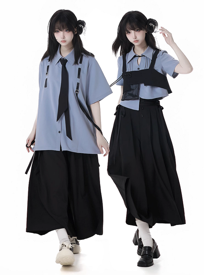 Blue Asymmetrical Hem Pleating Details Short Sleeves Cropped Shirt