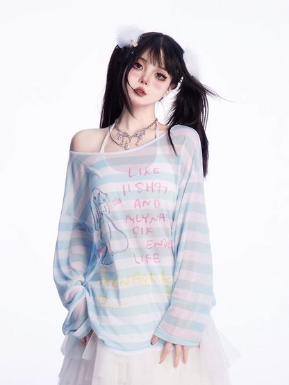 Asymmetrical Neckline Puppy Print Blue/Pink Striped Semi-sheer Coverup