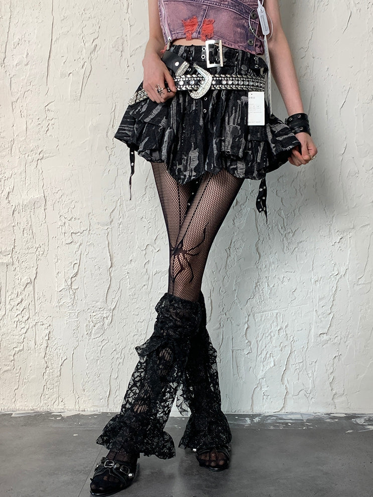 Black Y2K Star Pattern Self-tie Strap Lace Trim Leg Sleeves